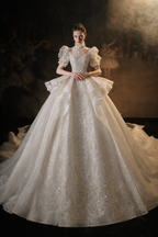 Luxury Puff Sleeve Ball Gown Wedding Dress with Corset Back & Beaded Lace