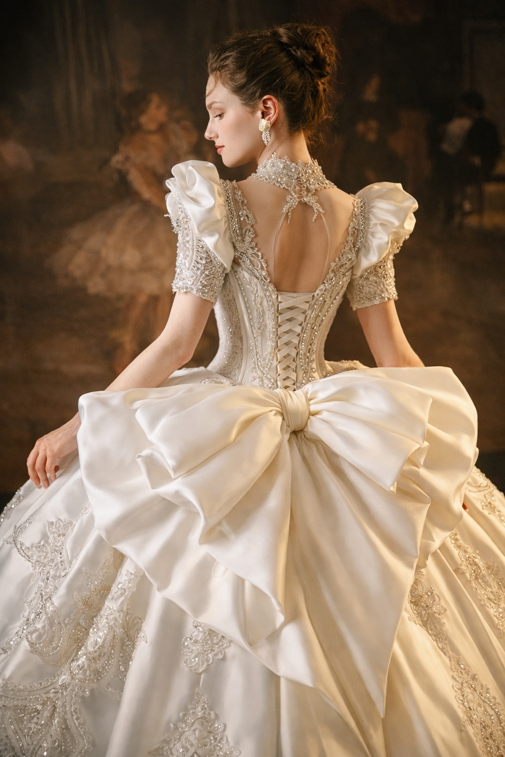Abito da sposa sontuoso con schiena a fiocco – Abito nuziale vintage in pizzo reale