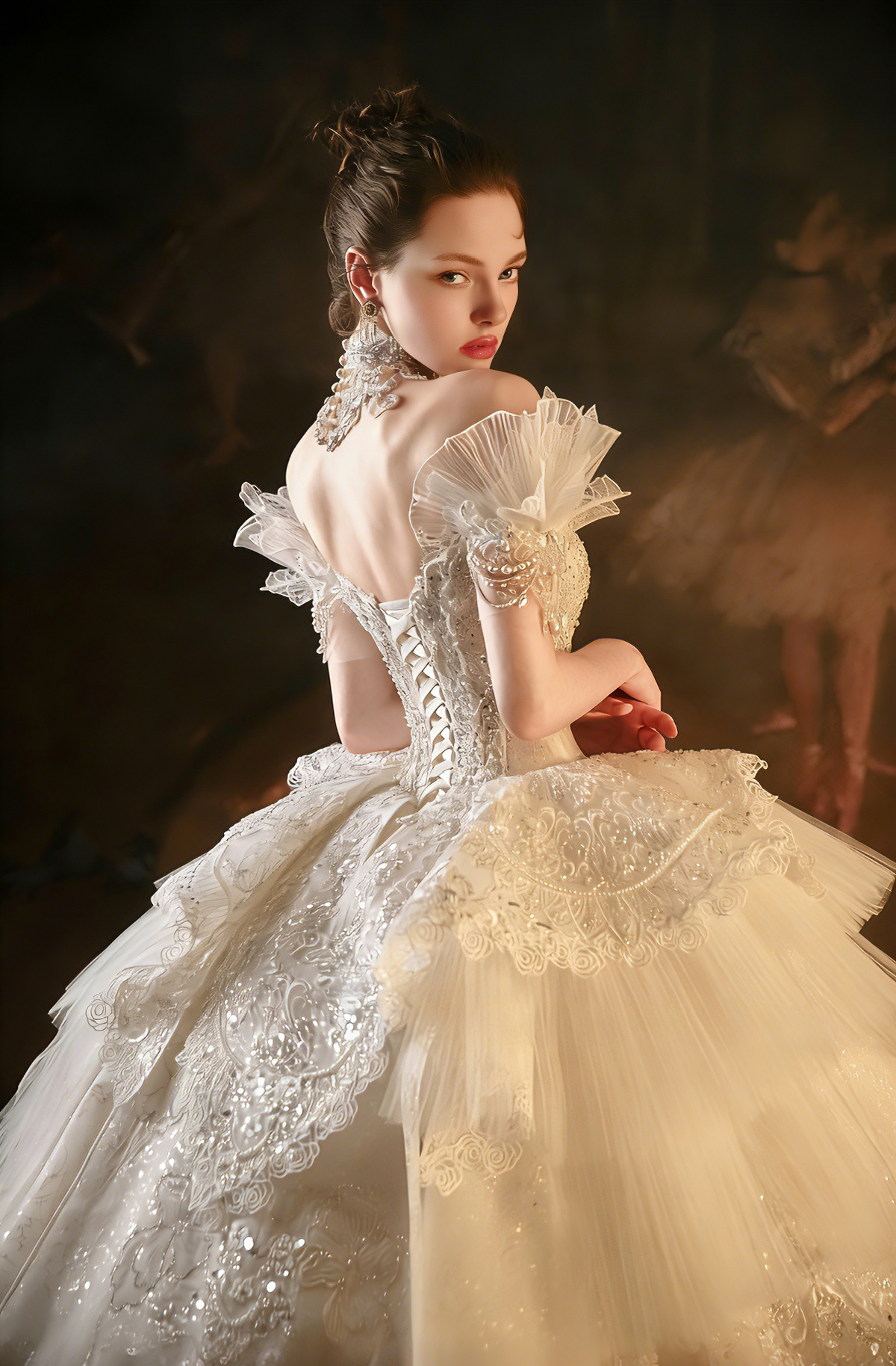 Abito da sposa romantico con scollo a spalle scoperte, pizzo e gonna a palloncino con corpetto scolpito