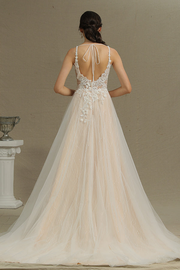 Chic Straps Floral Appliques A Line Side Wedding Dress With Split Backless