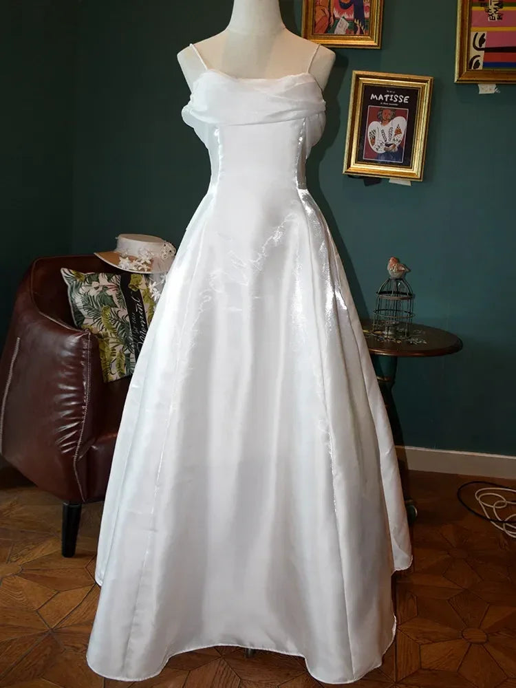 Vestido de Festa Elegante Branco em Cetim com Alças Finas Estilo Fada Corte em A Vestido de Princesa Vestido de Noite Y7556