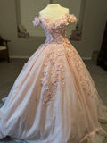 Vestido de Baile Rosa Brilhante com Ombros Descobertos, Aplicações em Tule, Vestido de Baile de Gala, Vestido de Quinceanera Y7569