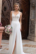 Elegant V Neck Long A Line Split Wedding Dress With Chiffon Lace