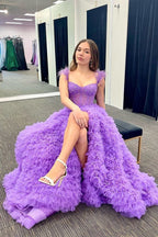 A Line Sweetheart Tiered Tulle Long Prom Dress With Slit