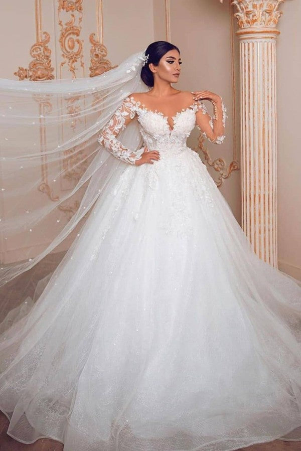 Elegant Long Sleeves Princess Tulle Wedding Dress With Lace