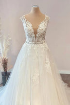 Vestido de noiva em renda floral até ao chão, corte A, com folhos em tule