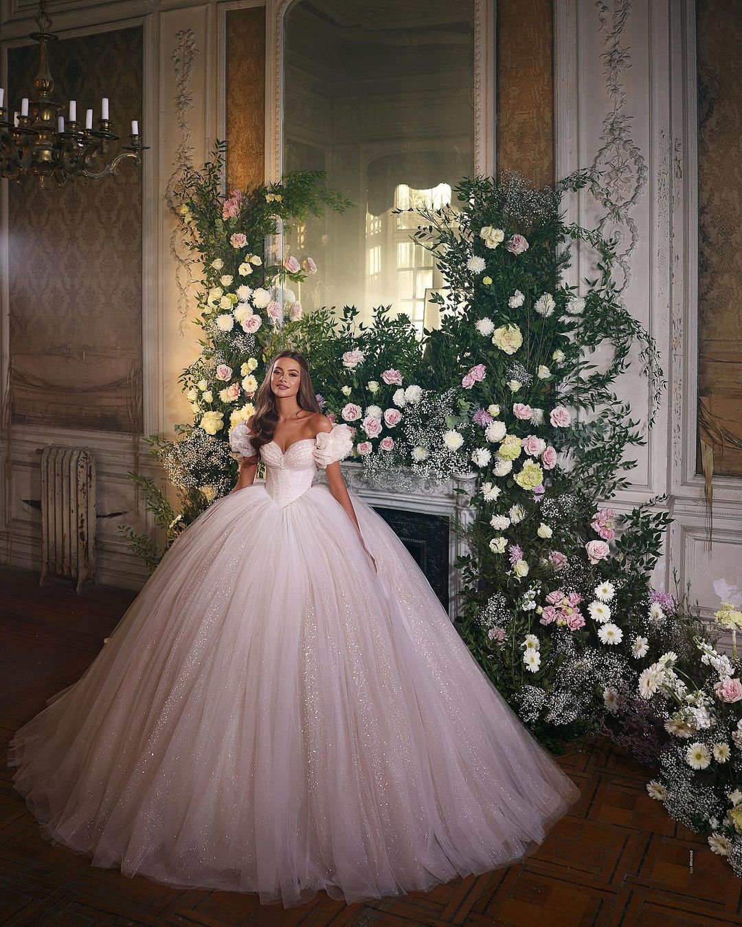 BMbridal Off The Shoulder Ball Gown Tulle Wedding Dress With Shining Sequins
