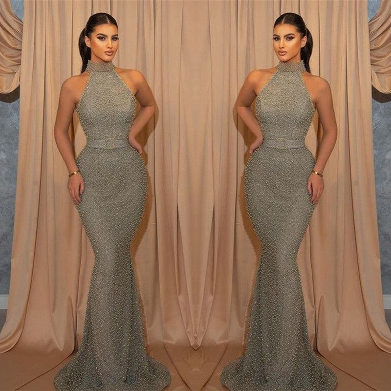 Robe de soirée longue sirène sans manches à col licou