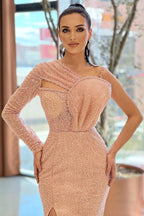 Langärmliges Meerjungfrau-Abschlussballkleid mit einer Schulter und Pailletten
