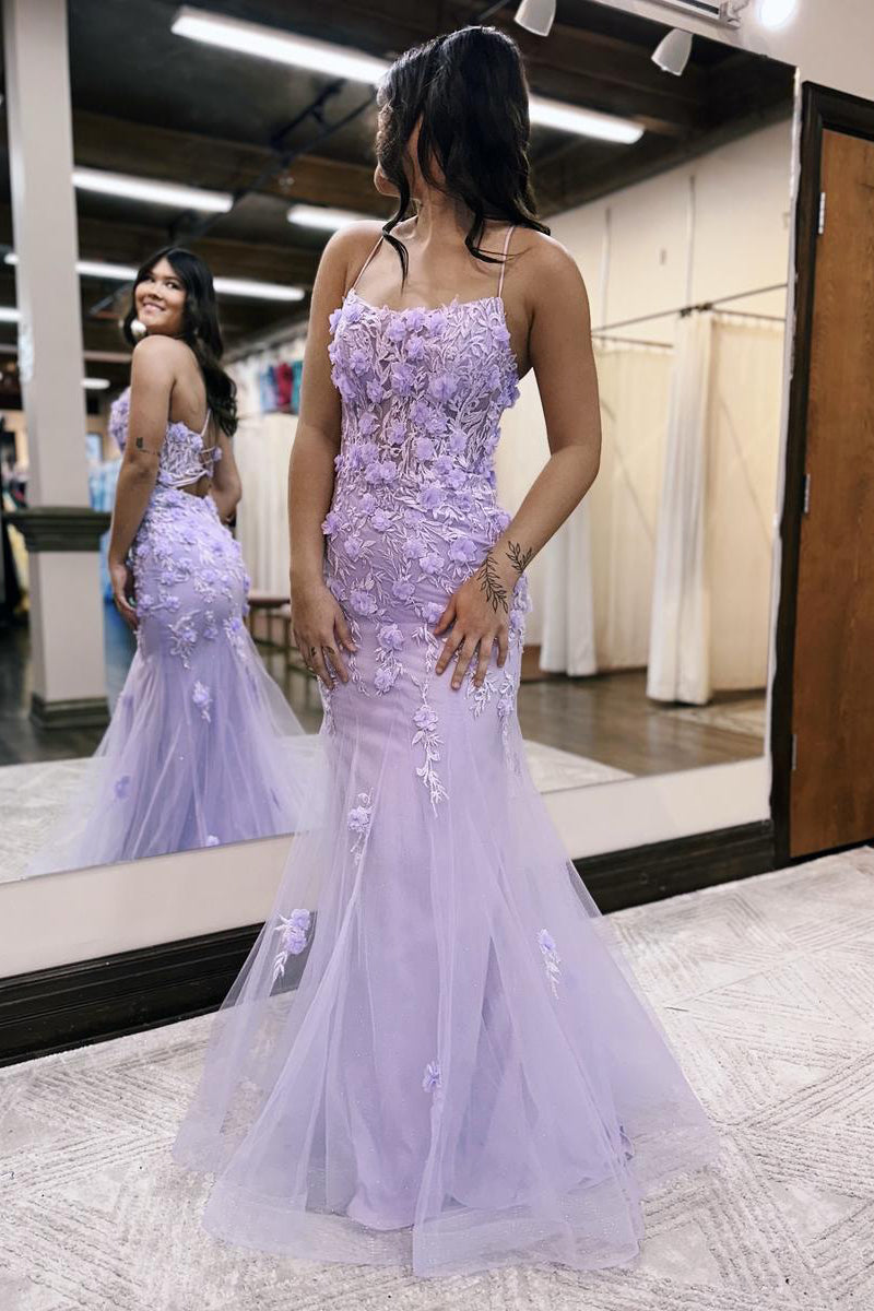 Vestido de Baile Lilás com Decote Redondo e Aplicações de Sereia