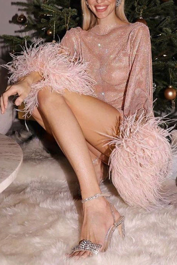 Robe de soirée mini à manches en plumes et tissu à strass Surprise Nocturne