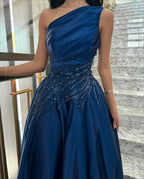 Luxuriöses Damen Abendkleid Dunkelblau Satin Glitzerbesatz Linie Ein Abschlusskleid Party Elegant Ball Hochzeit Maßgeschneidert