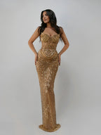Luxuriöses Abendkleid mit tiefem V-Ausschnitt, goldfarben, sexy mit Kristallperlenbesatz, maßgeschneidert, glänzend, bodenlang, Brautkleid, Hochzeitskleid