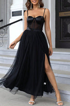 Vestidos de Noite Sexy com Decote em V, Fenda e Detalhes em Tule Sólido