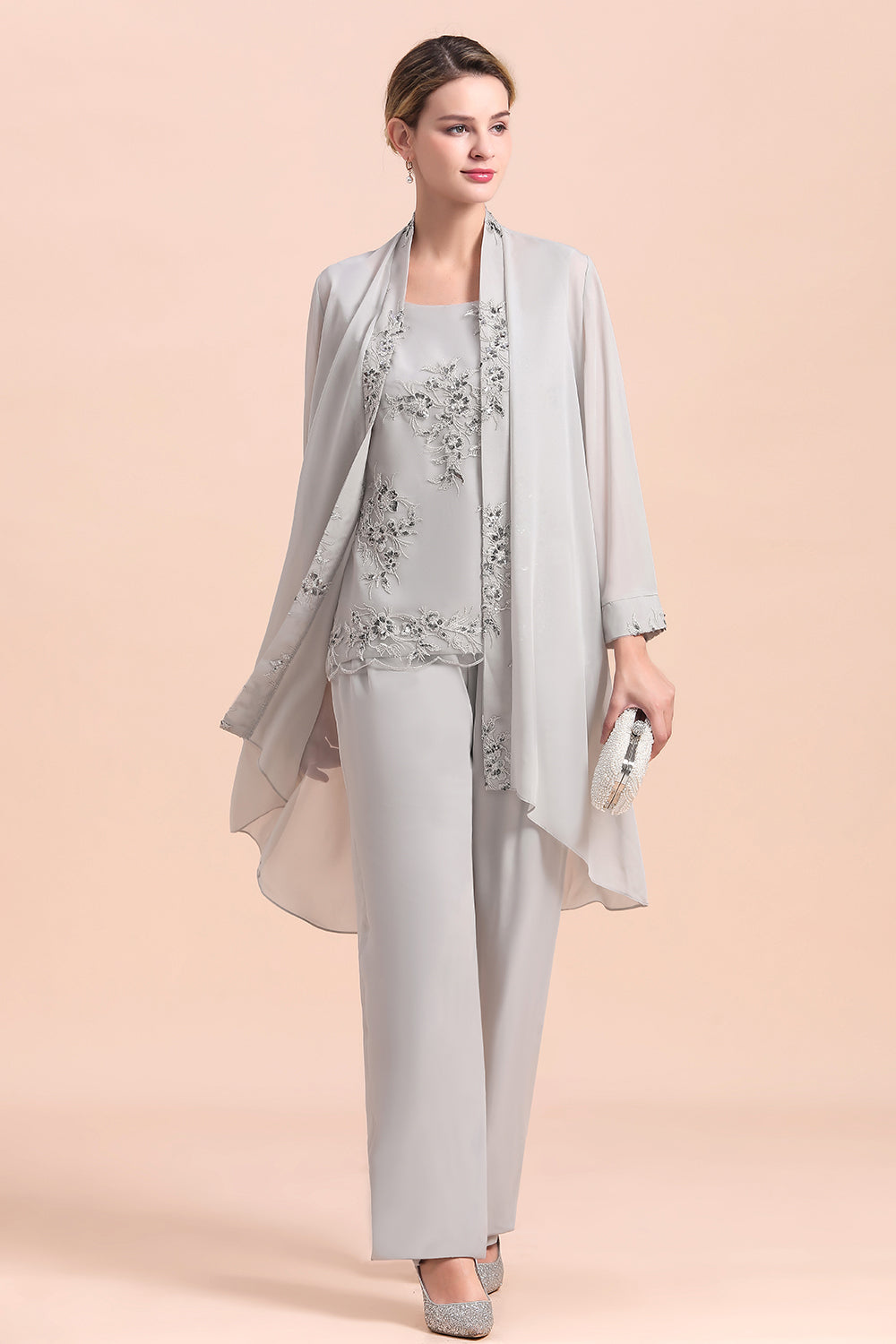 BMbridal Elegant Sleeveless Appliques Silver Chiffon Mother of Bride Jumpsuit with Wrap