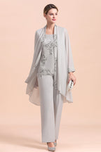 BMbridal Elegant Sleeveless Appliques Silver Chiffon Mother of Bride Jumpsuit with Wrap