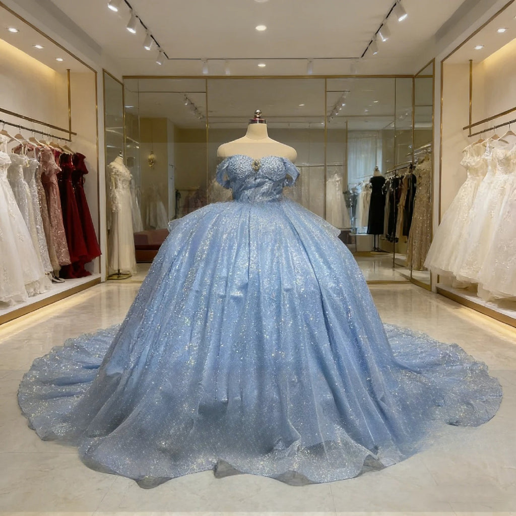 Imagem real céu azul boné manga pérolas em camadas vestido de baile tule shinny feminino festa de formatura ocasião wear quinceanera 15 personalizado