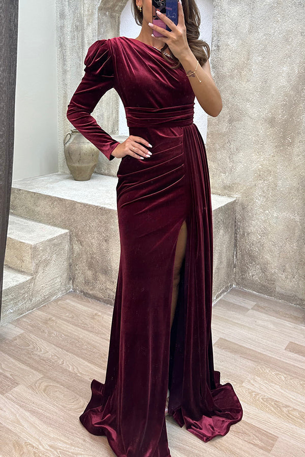 Robe longue mystérieuse en velours Lady, une épaule dénudée, garniture de paillettes, ruchée, avec fente