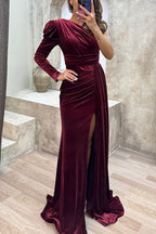 Robe longue mystérieuse en velours Lady, une épaule dénudée, garniture de paillettes, ruchée, avec fente
