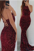 Vestidos de Baile Formais Longos de Sereia, Sem Mangas, com Lantejoulas e Costas Descobertas