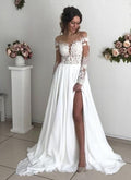 Romantic A Line Slit Wedding Dress With Long Sleeves Lace Chiffon