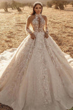 A Line High Neck Long Sleeve Train Wedding Dress With Appliques Lace Tulle
