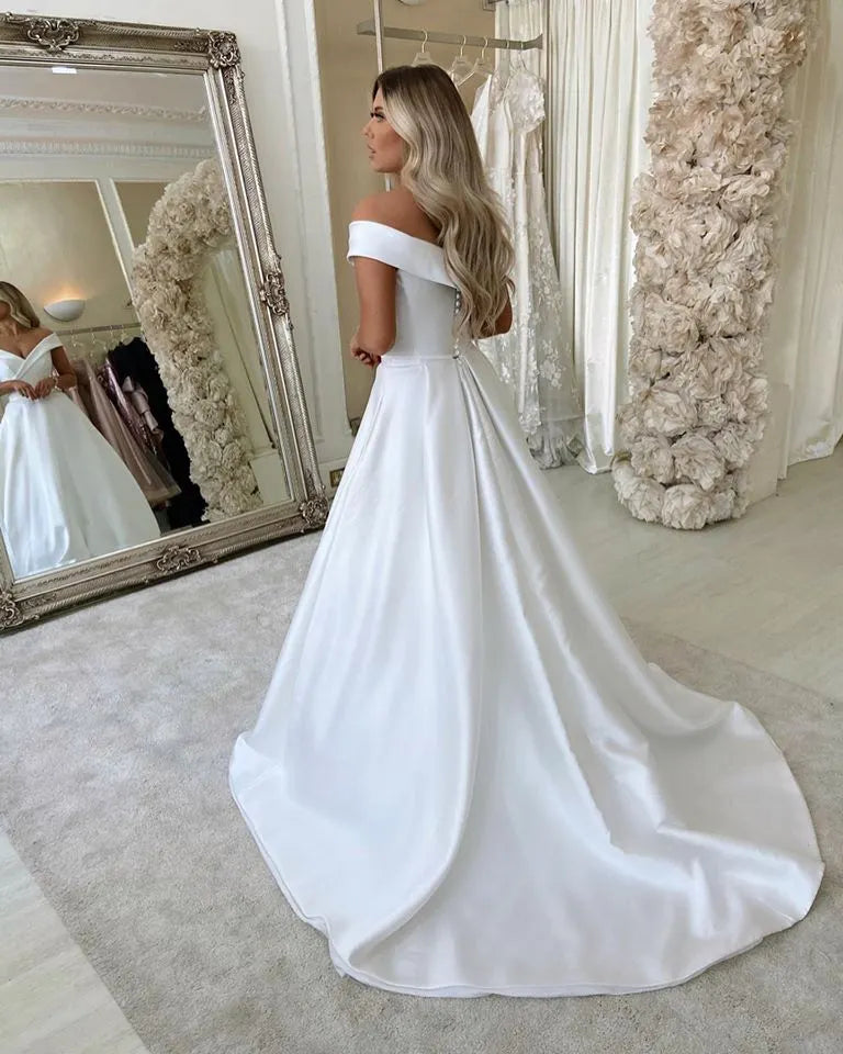 Gorgeous Satin Long A Line Off The Shoulder Wedding Dress