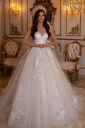 Charming Bateau Floor Length Tulle A Line Wedding Dress With Lace Appliques