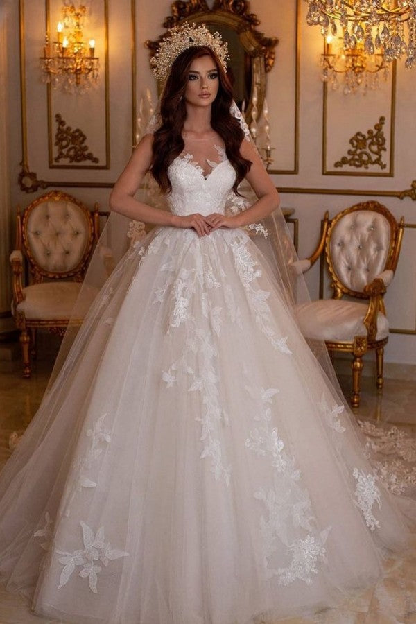 Charming Bateau Floor Length Tulle A Line Wedding Dress With Lace Appliques