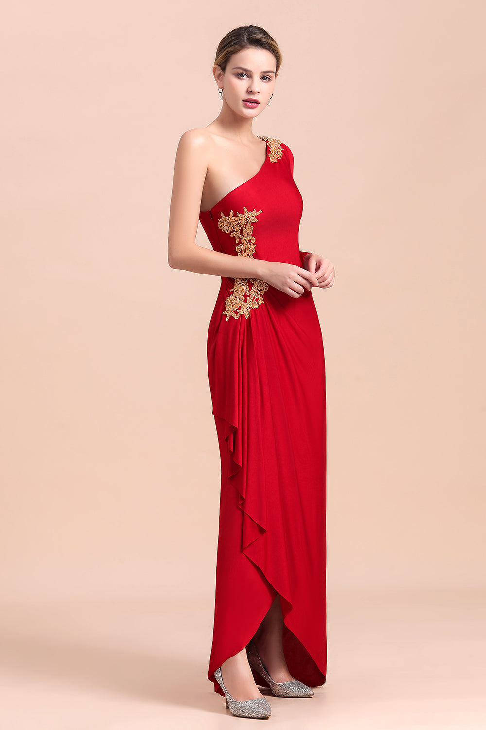 BMbridal Chic One-Shoulder Long Sleeves Ruffle Mother of Bride Dresses with Appliques