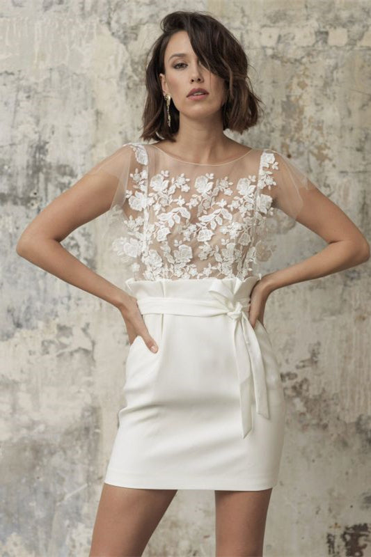 Bateau Neckline Short Applique Wedding Dress With Belt Pocket