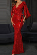 Elegante Abito da Sera con Scollo a V, Benda Solida, Patchwork di Paillettes