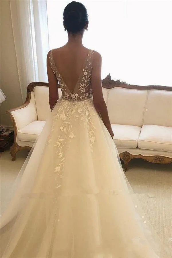 Open Back Long Aline Wedding Dress With Sweetheart Tulle