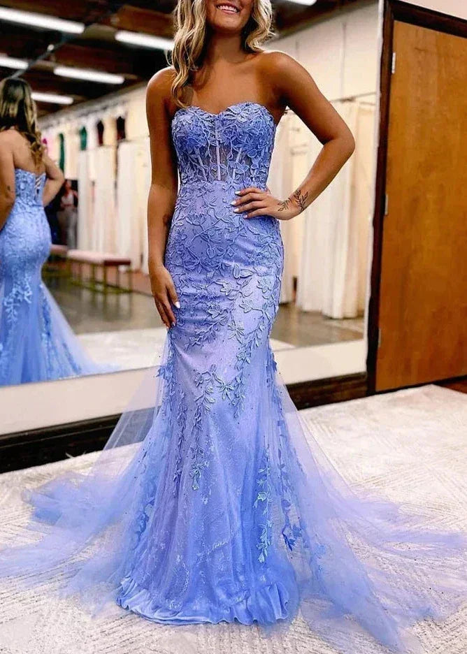 Vestido largo de fiesta con escote corazón, encaje y apliques, color rosa sirena