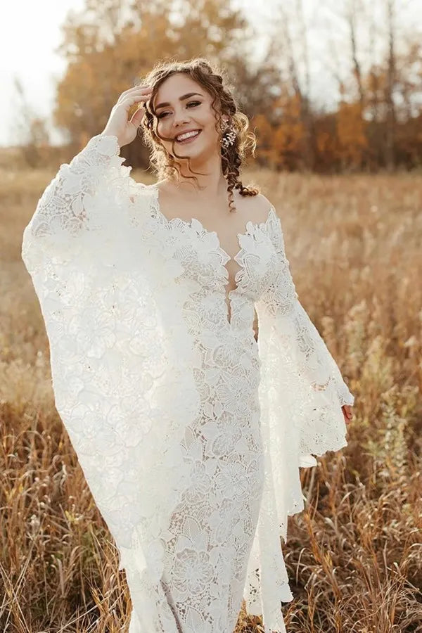 Glamorous Mermaid Wedding Dress With Lace Long Sleeves Floor Length