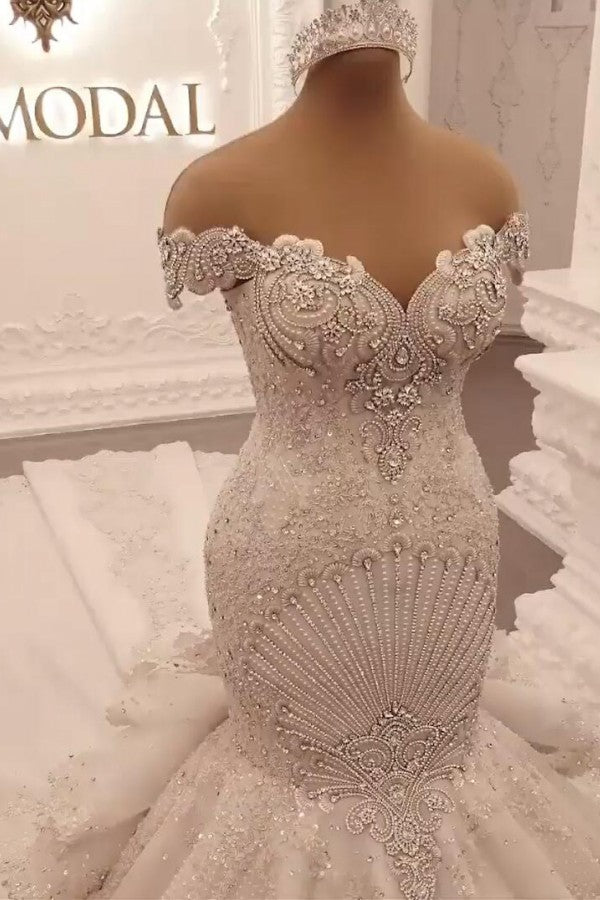 Elegant Floor Length Mermaid Wedding Dress Backless Off The Shoulder Crystals