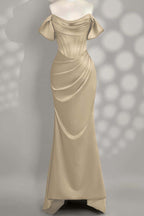 Off The Shoulder Sleeveless Mermaid Long Prom Dress With Pleated Custom Color