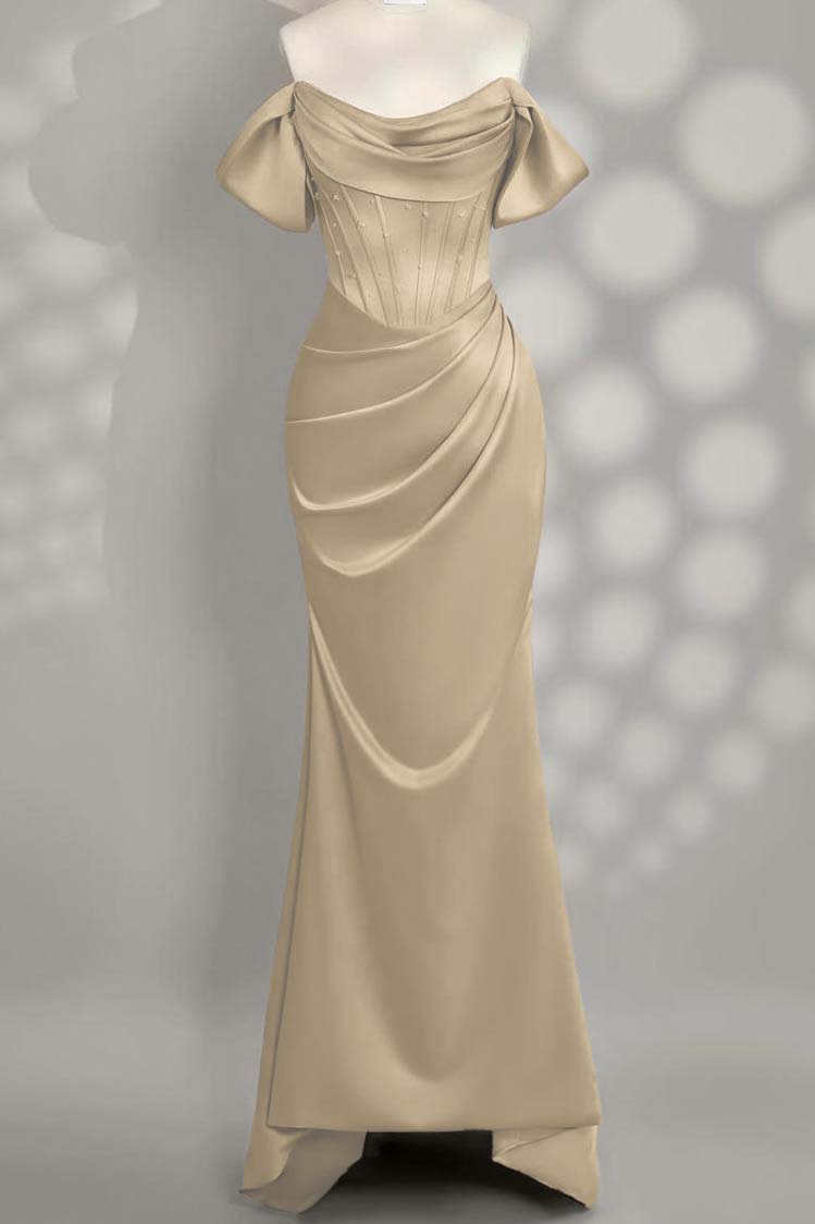 Off The Shoulder Sleeveless Mermaid Long Prom Dress With Pleated Custom Color
