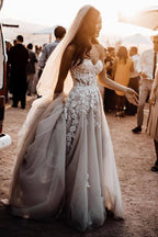Modern A Line Sweetheart 3D Floral Long Wedding Dress With Lace Tulle