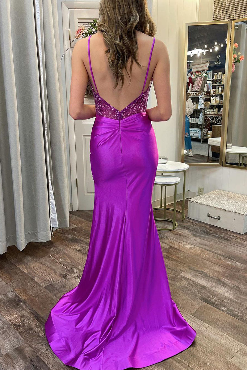 Abito lungo da sera sirena in raso viola con spacco, modello Sweetheart