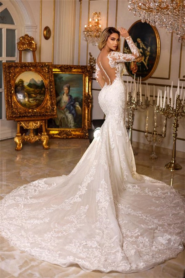 Bmbridal Lace Wedding Gown Long Sleeve Mermaid Silhouette V Neck Chapel Train