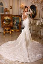 Bmbridal Lace Wedding Gown Long Sleeve Mermaid Silhouette V Neck Chapel Train