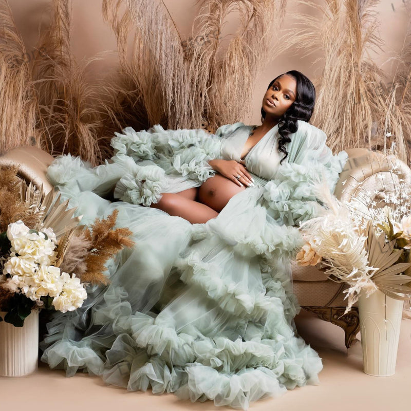 Robe de bal sexy à col en V, volantée à l'avant avec fente, manches Tauze, tenue de maternité à volants pour photographie de grossesse