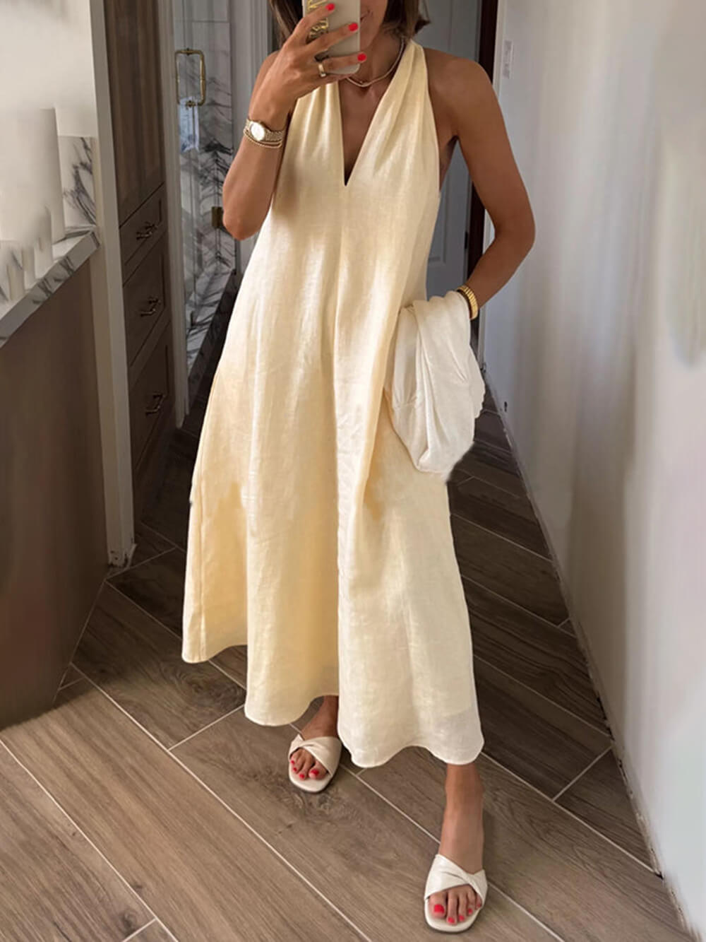 Vestito Midi A-Line con Taschino Posteriore Ritorto Stile Vacanza