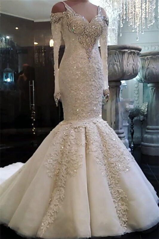 V Neck Mermaid Wedding Dress With Beadwork Long Sleeves And Lace Appliques