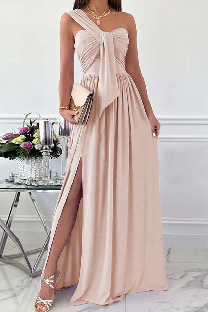 Moda sexy sólido sem costas com fenda vestidos de noite de um ombro (7 cores)