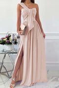 Moda sexy sólido sem costas com fenda vestidos de noite de um ombro (7 cores)