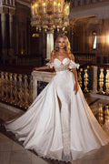 Modest Lace Satin Off The Shoulder A Line Wedding Dress With Sweetheart Appliques