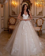 Charming Bateau Floor Length Tulle A Line Wedding Dress With Lace Appliques