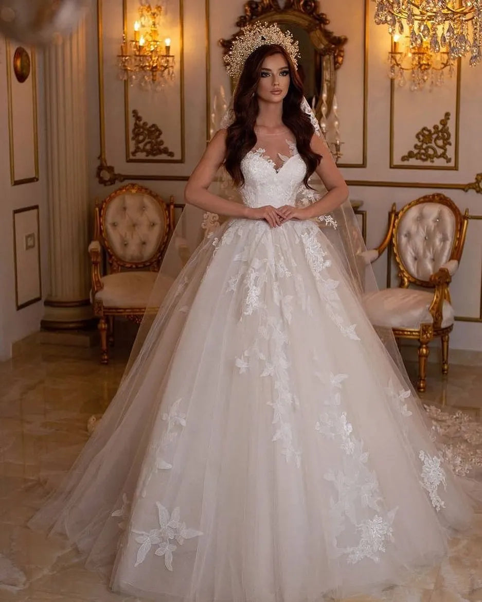 Charming Bateau Floor Length Tulle A Line Wedding Dress With Lace Appliques